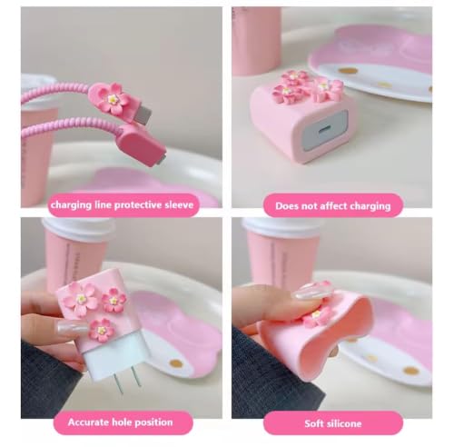 Image of Compatible with iPhone Cute Cat Charger Case Cover | Cartoon Character Silicone Charger Case Cover for 18-20W 360 Degree Full Protection Cover (Pink 3D Flowers)