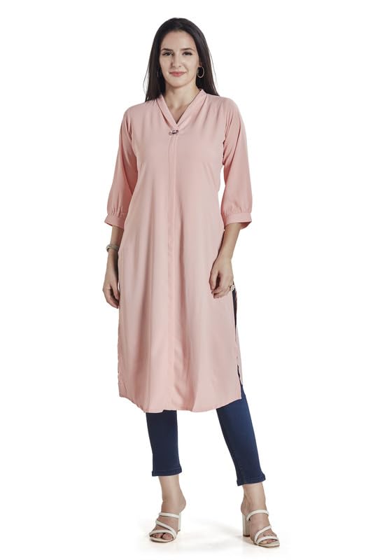 Image of nioni Women's Straight Solid Kurti with V-Fold Neck | Rayon Lycra Material | Fashionable Micro Pleates | 3 /4th Sleeve Kurta for Woman & Girls (S to 2XL)