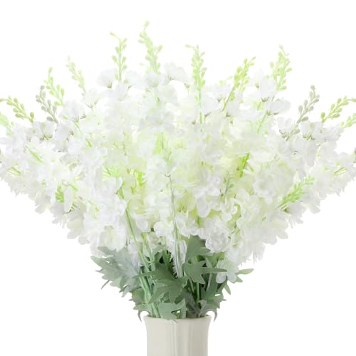 Thiccywoov 50 Pcs Delphinium Artificial Flower 35.4 Long Larkspur Stem Silk Fake Faux Flowers Bulk for Tall Vase Floral Arrangements Home Centerpiece Table Wedding Decor (White)