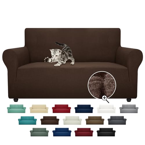 ZNSAYOTX Super Stretch Couch Cover Love Seat Sofa Covers for Living Room Dogs Pet Friendly Furniture Protector Spandex Loveseat Slipcovers with Anti Slip Foam Sticks (Coffee, Loveseat)