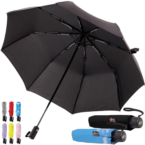 Image of GORILLA GRIP Compact Travel Size Umbrella for Rain, 2 PK, Sleek Design Fits Backpack, Purse and Carry On, Lightweight Under 1lb, One Click Open and Close, Wind Resistant, Waterproof, Black Sky Blue