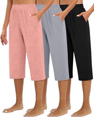 Huukeay 3 Pack Women's Capri Sweatpants, Cozy Wide Legs Cropped