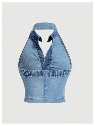 WDIRARA Women's Plus Size Button Up Denim Halter Top Ruched Sleeveless Backless Jean Tank Tops2