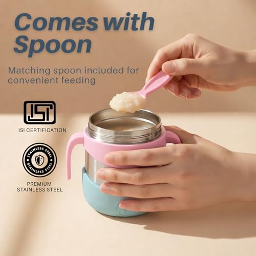 Image of Speedex Kids Insulated Food Jar 320ml Coral Pop (Peach), 304 Stainless Steel Lunch Box with Handle & Spork, Leak Proof BPA-Free Double Wall Vacuum Tiffin, Hot & Cold Food Container