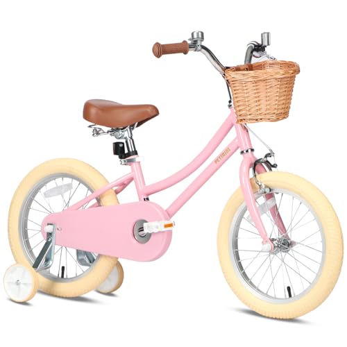 Image of Petimini Vintage Kids Bike for Girls, 12-20 Inch Classic Bicycle with Wicker Basket & Bell, High Tensile Steel Frame, Training Wheels (12-18 inch), 85% Pre-Assembled, Retro Bike for Outdoor Riding