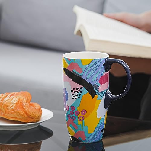 DUSVALLY Ceramic Mug Large Coffee Mug Tall Cups Porcelain Latte Tea Cup with Lid 17oz,Doodle, 16.5 cm - Image 3