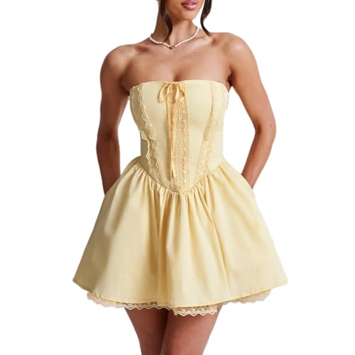 Felcia Damen Sommer Trägerloses Tube Minikleid Elegant Rückenfrei Spitzenbesatz A Linie Korsett Kleid Party Cocktail Kurzes Kleid Clubwear, A-gelb,...