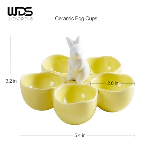 WDS WONDROUS Easter Rabbit Egg Cup Holder, Adorable Bunny Ceramic 5 Yellow Poached Egg Cups for Soft Boiled Eggs, Deviled Eggs Platter, Easter Decorations, Dishwasher Safe