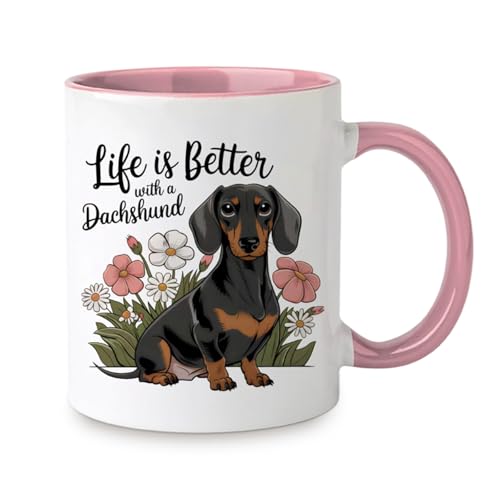 Qubitly Pink & White Dachshund Ceramic Mug, Cute Sausage Dog Mug for Home & Office, High-Temperature Coffe Mug with Comfortable Grip, Dachshund Gifts for Women & Animal Lovers