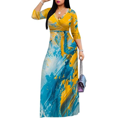 Image of PinkPatty Women's Print Maxi Dresses 3 /4 Sleeve Flowy Long Dress V Neck Wrap Tie Waist Sundress