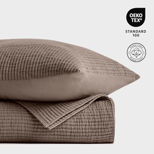 Image of EVERGRACEHOME Cotton Coverlet Set Full Queen Size 3 Pieces, Lightweight Soft Ribbed Matelasse Bedspread Quilt Set, Cozy Oversized Quilted Bedding Set with 2 Pillow Shams for All Seasons, Mocha Brown