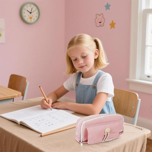 Image of Canvas School Bag Pencil Case, 3 Layer 6 Compartment Large Capacity, Aesthetic Pencil Pouch for Stationary, Cute Stationery for Kids, Pencil Case for Girls & Boys (Our Timer Pink)