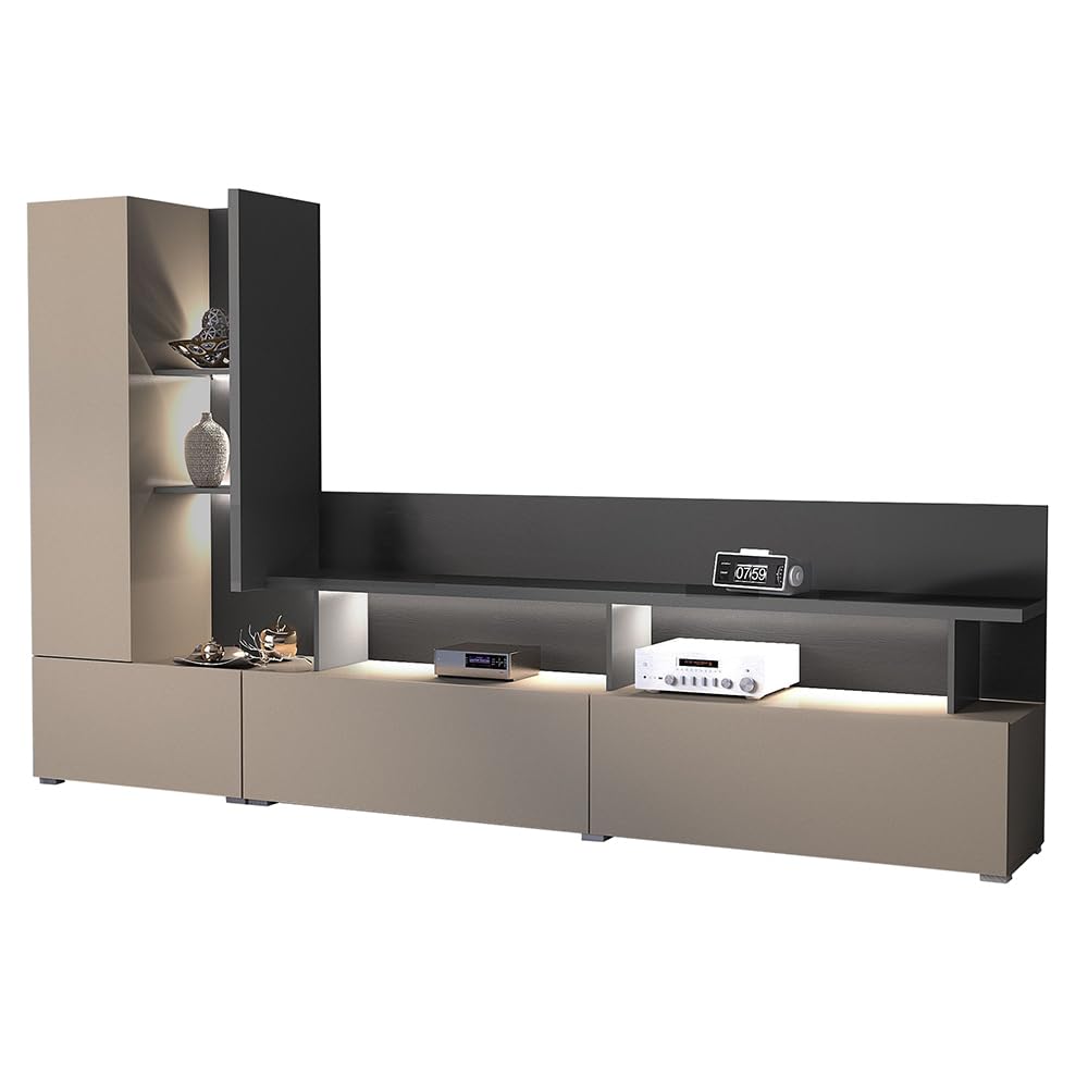 Lomadox Wohnzimmer Set grifflos in beige mit anthrazit mit LED Beleuchtung Couchtisch Sideboard Wohnwand