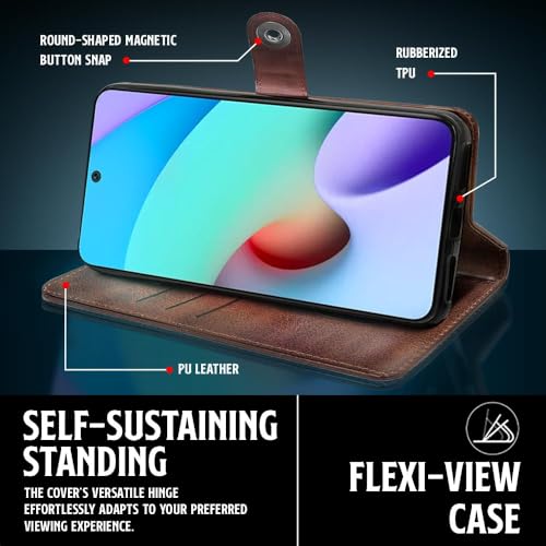 Image of WOW IMAGINE Shock Proof Flip Cover Back Case for Xiaomi Mi Redmi 10 Prime (Magnetic Button Flip Case | Wallet Pockets & Stand | Leather Finish | Coffee)
