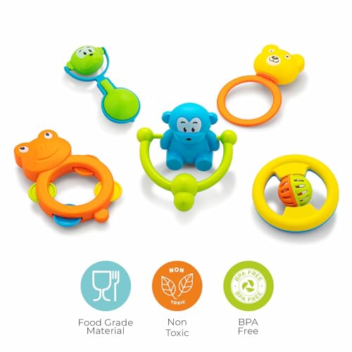 Image of Storio ABS Baby Toys Rattles and Teethers Set for New Born Babies Toddler Infants & Children 5 Pcs-Non Toxic,Multicolor (Pack of 2)