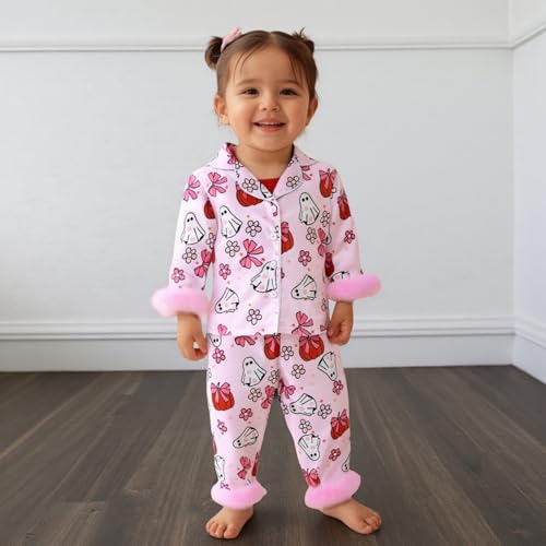Nsywmzy Kids Baby Boy Girl Halloween Pajamas Sets Pumpkin Ghost Long Sleeve Shirts Tops Elastic Waist Pants 2 Piece Toddler Sleepwear Pj (Pink 2, 12-18 Months) - Image 4