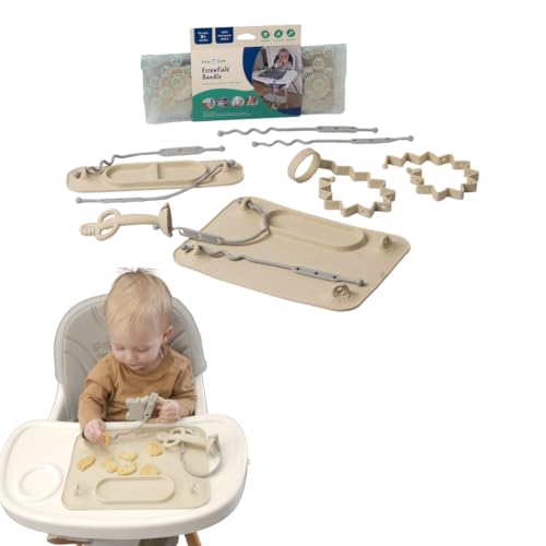 BUSY BABY Essentials Bundle New Parent Starter Kit - Suction Placemat Mini Mat Teether Spoon Toy Bungee Bottle Bungee 6 Tether Straps Wet Bag (Tan)