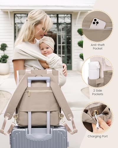 Lovevook Diaper Bag Backpack,Diaper Bag Tote With Insulated Pockets,Baby Bag For Girl Boy With Changing Pad,Large Baby Diaper Bag With Pacifier Case,Anti-Theft Travel Backpack For Women,Coffee-Beige thumb #4