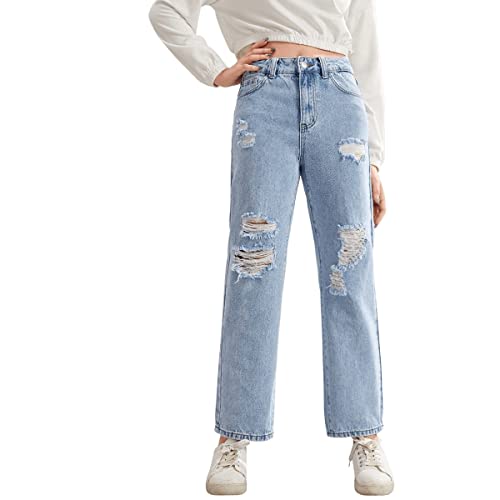 SweatyRocks Teen Girl's High Waisted Straight Leg Ripped Jeans Washed Denim Pants with Pockets4