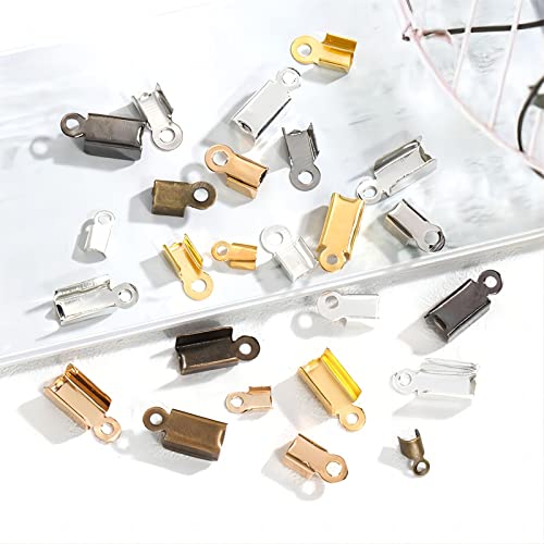 200 Pieces Fold Over Cord Ends Cord Crimp End Tips Fold-Over End Caps Leather Ribbon Ending Clasp Tips Jewelry Connector For Jewelry Making, 3.5 X 9 Mm/ 0.14 X 0.35 Inch, 6 Colors #TOP4