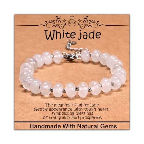 CHCCOYE 5x8mm Natural Healing Gemstone Bracelet – Handmade Yoga Beaded Bracelet, Stress-Relief Crystal Jewelry for Men & Women (White jade)