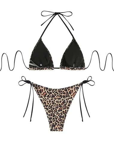 Image of ZAFUL Womens Printed Triangle Bikinis 2 Piece Halter Bikini Sets High Cut Bathing Suit Side Tie Swimsuits