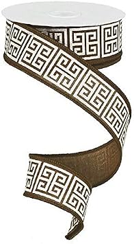 Greek Keys Wire Edged Ribbon Brown, Ivory, 1.5"