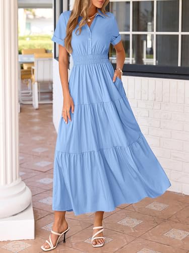 BTFBM Wedding Guest Dresses for Women Beach Fashion Casual Short Sleeve V Neck Solid Spring Summer Boho Maxi Dress (Light Blue,Large) — view 5