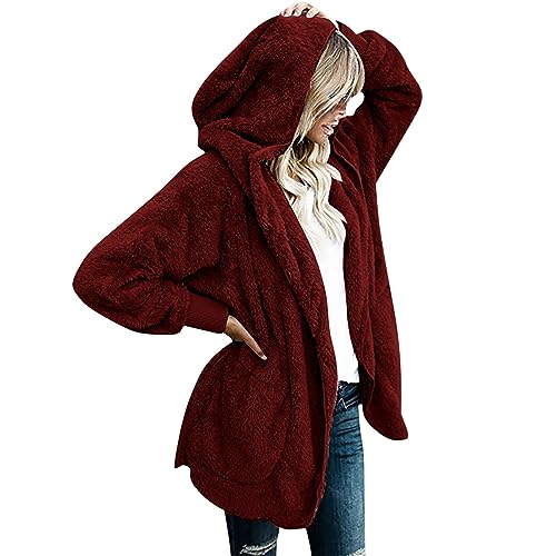 Ceboyel Womens Fleece Teddy Coats 2023 Trendy Hooded Winter Jacket Shaggy Faux Sherpa Cardigans Fashion Warm Clothesmaternity Coat Wine M