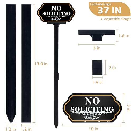 Image of No Soliciting Sign for House with Stake - 40-mil Thick Aluminum - 5x10 Inch /37 Inch High - Adjustable Height - Outdoor Yard Sign for Home and Front Door (A1513)
