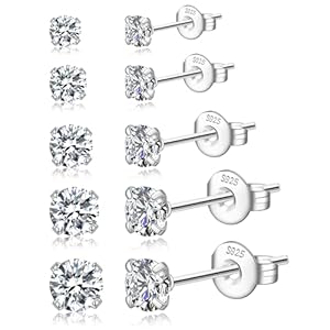 5pairs Silver Stud Earrings for Women Hypoallergenic 925 Sterling Silver/14K Gold Plated Cubic Zirconia Earrings Dainty Cartilage Silver Stud Earrings Set 3/4/5/6/7MM