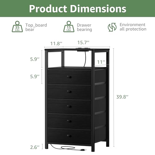 Image of BOLUO Black Dresser with 5 Drawers Tall Nightstand with Charging Station and LED Light, Bedside Table Room Storage Drawers Closet