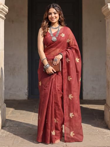Image of AKHILAM Women's Shimmer Off White Chanderi Cotton Floral Hand Paint Embroidered Lace work Saree With Unstitched Blouse Piece | saree for woman | Designer Saree for Women | Soft and Skin Friendly