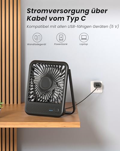 USB Tischventilator Koonie Mini Ventilator mit 3 Geschwindigkeiten und 180° Schwenkfunktion