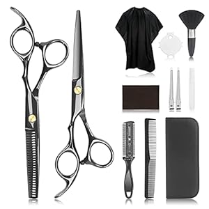 JINSHOW 12Pcs Scissors Hair Hairdressing Professional Shears Set Thinning Cutting Clip Comb Stainless Steel Cut Pouch Kit Salon Barber Women Men Kids Black (12)