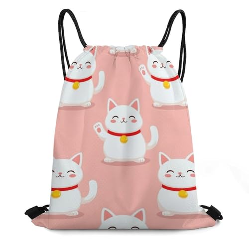 Fashion Japan Lucky Cat Funny Fat Cats Pink Drawstring Bags, Versatile Waterproof Drawstring Storage Bag, Reusable Lightweight Gym Backpack for Men and Men