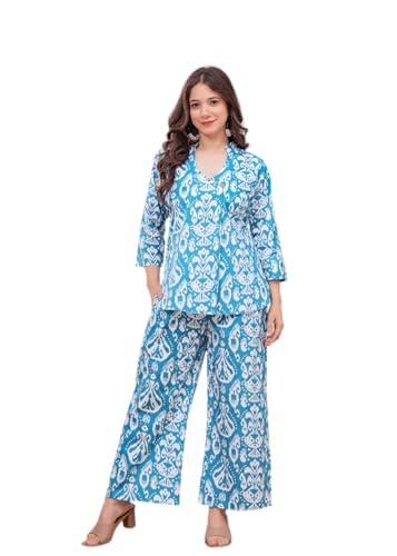 Image of Women's Pure Cotton Co-Ord Set | Three-Quarter Sleeves-Mandarin Collar Top & Palazzos | Printed Casual Wear Co-Ord Set for Women