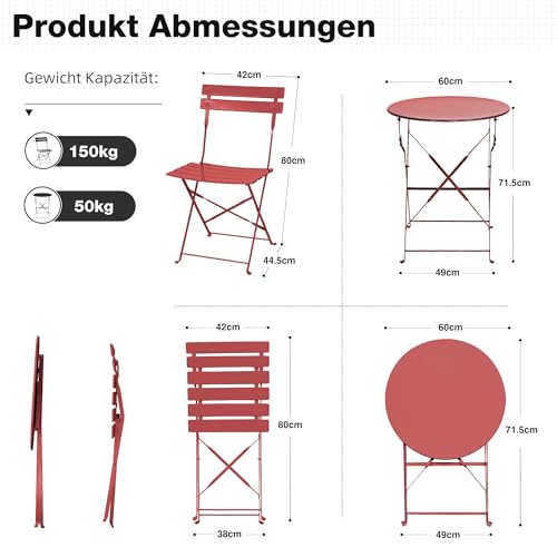 RELAX FIELD Gartenmöbel Set Wetterfest, Balkonmöbel Set 3 Teilig für Kleinen Balkon, Bistrotisch mit 2 Stühlen, Bistro Set Klappbar, Rot