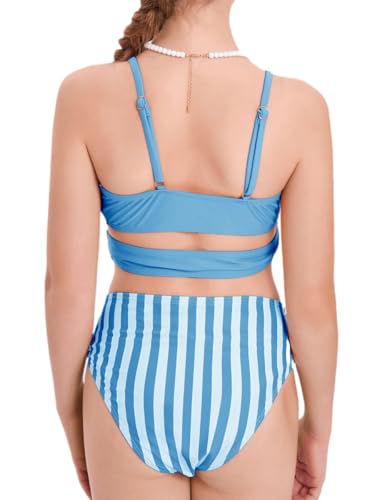 Image of Girls Swimsuits Bikini Set Two Piece Tankini Bathing Suit Criss Cross Girls' Swimwear with Chest Pad 13-14 Years Dark Blue