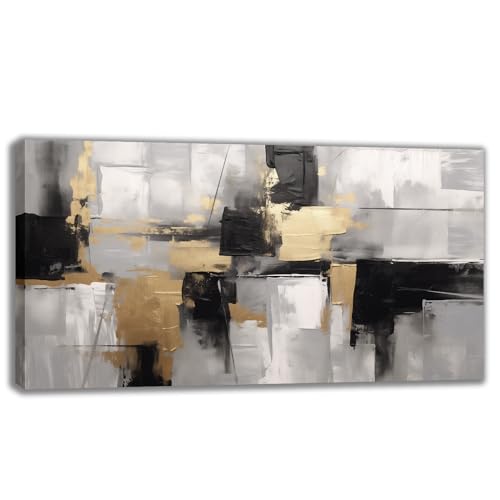 MODOJOART Abstract Canvas Wall Art, Gold Black and White Geometric