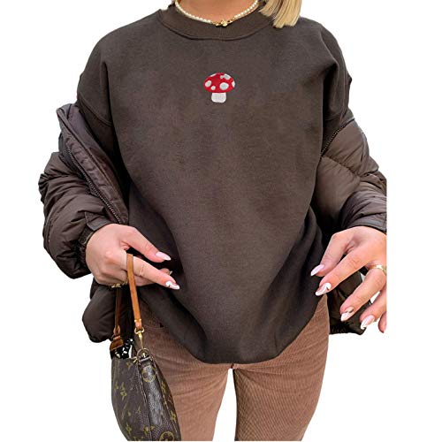 Women Long Sleeve Mushroom Embroidery Casual Oversized Crewneck Pullover Sweatshirt Tops Brown #TOP6