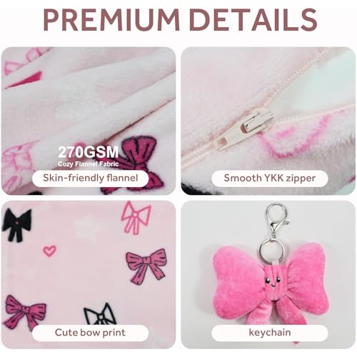 Image of 3-in-1 Kids Travel Blanket and Pillow Set, 40x60 Inch Pink Bow Blanket for Girls,Compact Set with Bow Keychain, Ideal Birthday Travel Essential