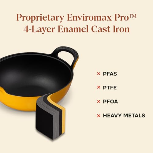 Image of CUMIN CO. Cast Iron Kadai with Lid | 3L, 26 cm | Induction Base Cookware |10 Years Warranty | Non Toxic Heavy Bottom Kadhai for Frying | Chemical Free Coating | Free Accessories | Mustard (Yellow)