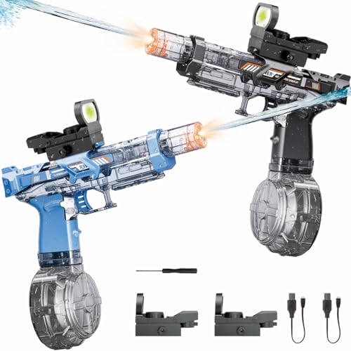 2 Packs Electric Water Gun Fire Flash Upgraded, Water Pistol Toy Squirt Gun for Kids Adults(320 Capacity Each), Summer Outdoor Toy Yard Beach Swimming Water Play Toys (Black&Blue)