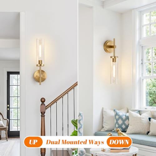 Image of MOKATNG Hardwired Wall Sconces, Brushed Gold Bathroom Sconces with Clear Glass, Modern Wall Light Fixtures for Bathroom Mirror Vanity, Living Room, Bedroom, Hallway, Stairway, Cabinet, Foyer