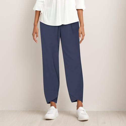 Lainuyoah Calça feminina de verão de perna larga 2024 floral cintura alta solta calça capri de linho