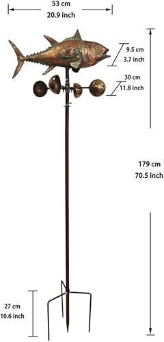 Miniatura 5 de Molinillo de viento de atún de metal para exteriores, 70 x 21 pulgadas, escultura de viento de pez azul de metal grande, arte de patio, estatuas