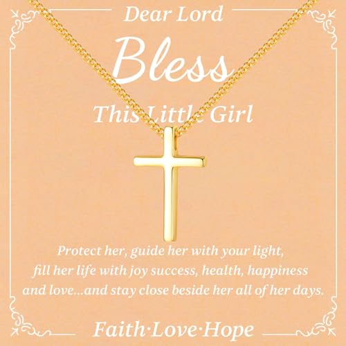 Myfresty 925 Sterling Silver Cross Necklace for Girls Women Kids - 18K Gold Plated Faith Cross Chain Necklaces for Kids Small Dainty Pendant Jewelry Gifts for Teenager, Easter First Communion Baptism Birthday