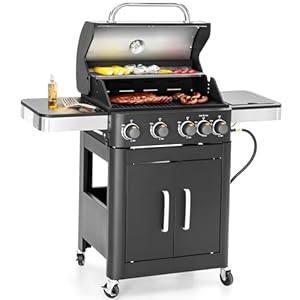 Sophia & William 4-Burner Gas BBQ Grill with Side Burner & Porcelain-Enameled Cast Iron Grates, Outdoor Cooking Propane Grills 46,700BTU Cabinet Style Garden Barbecue Grill, Black