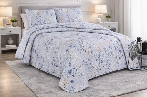 Genérico Colcha Bouti Urban con Funda Almohada – Colcha Ligera de Verano Acolchada – Cama 90,105, 135 y150 – Diseño Moderno Estampado (Azul, Cama 90, Floral)